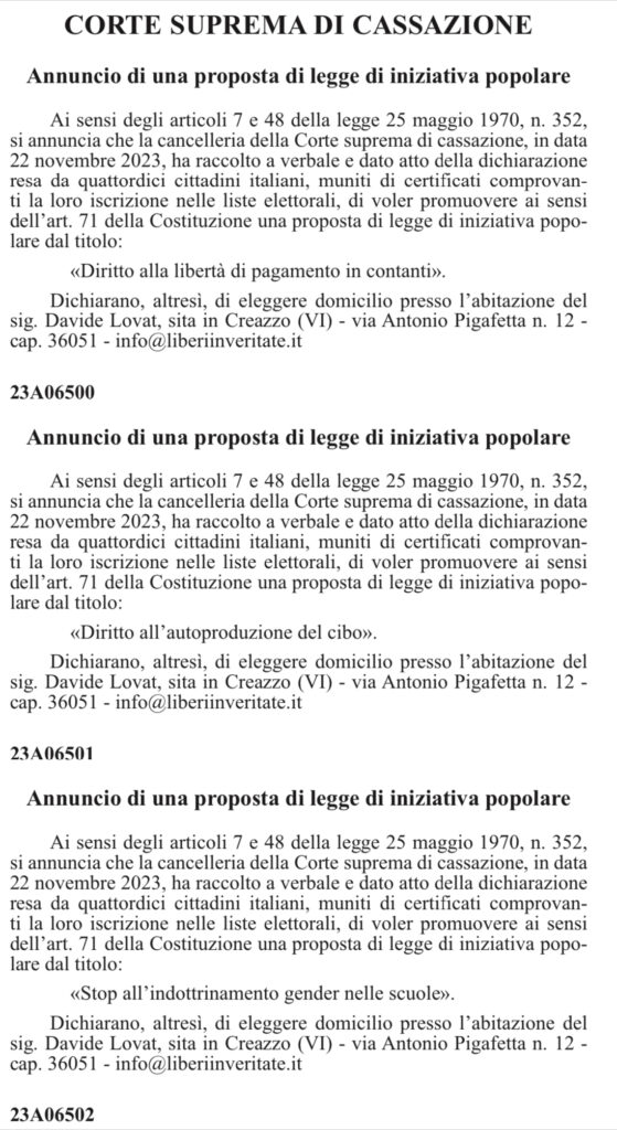 In tutti i Comuni d’Italia, presso gli uffici elettorali, ci si può recare con un documento di identità per sottoscrivere i 3 Referendum di iniziativa popolare.